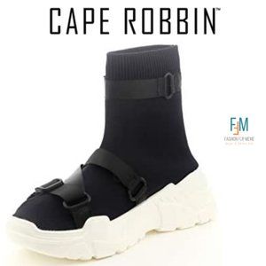 New! Cape Robbin Off Black Chunky Wedge Heel Strappy Sock Sneaker, Women's 10/11